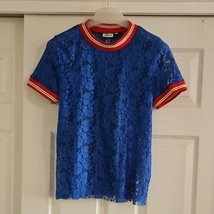 Stylish Blue Lace Tee with Red and White Trim
